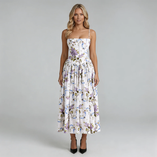Purple floral corset midi dress with adjustable straps — front view showcasing square neckline and gathered skirt.
