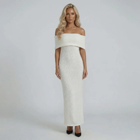 White bouclé off-shoulder maxi dress — front view showing textured finish and elegant fit.