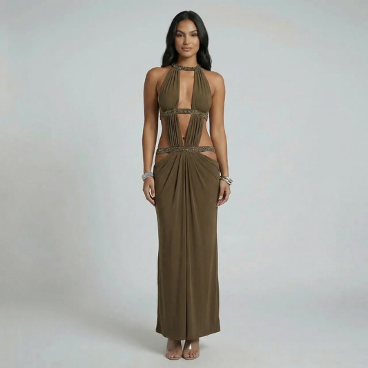 Olive crystal embellished cutout maxi dress — front view showing halter neckline and draped skirt.