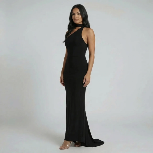 Black halter maxi dress with choker detail — front view highlighting sleek silhouette