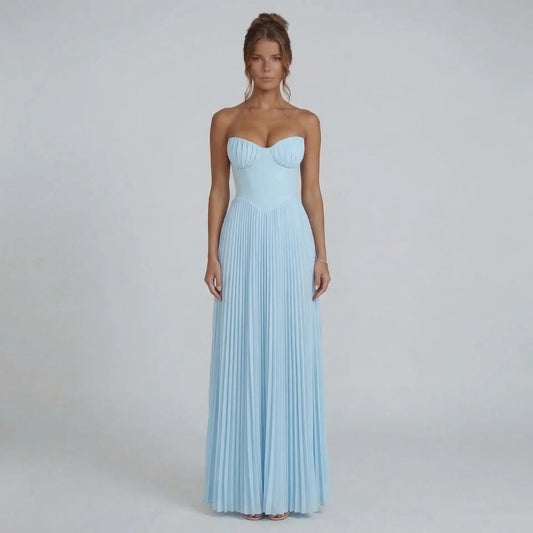 Sky blue strapless pleated maxi dress — front view showing corset bodice