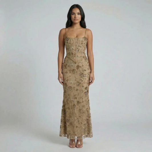 Beige floral lace corset maxi dress — front view showcasing square neckline and sculpted fit.