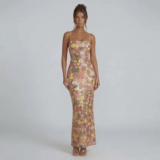 Tan floral sequin maxi dress with spaghetti straps and square neckline — front view.