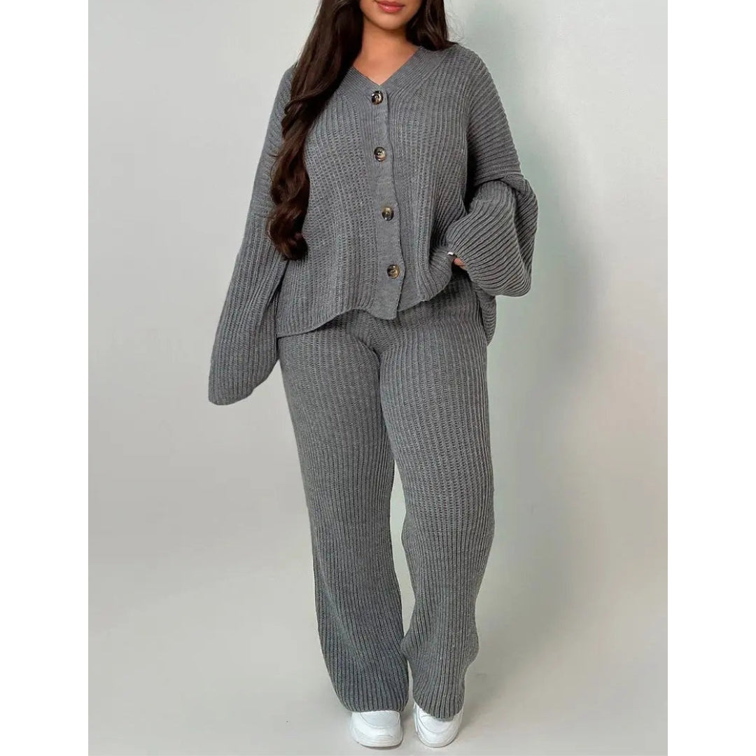 Women gray v neck off-shoulder set, close-up