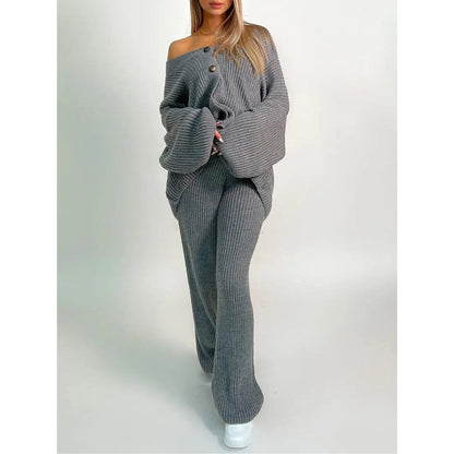 Women gray v neck off-shoulder set, front view