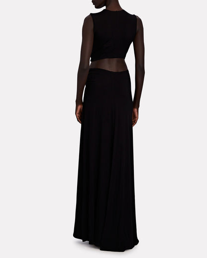 Black cutout maxi dress, detailed back view showing fitted top and smooth finish.