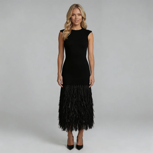 Black fringe midi dress with crew neckline and tailored fit — front view.