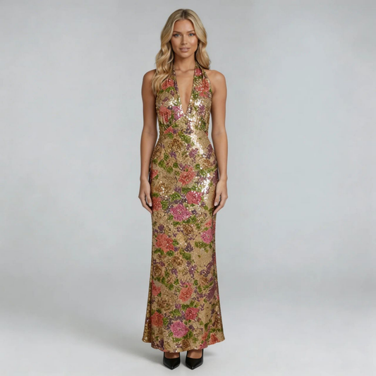 Gold floral sequin maxi dress with halter neckline — front view showing elegant silhouette.