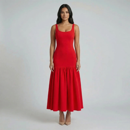 Red flounce midi dress with scoop neckline and gathered hem — front view showcasing silhouette.