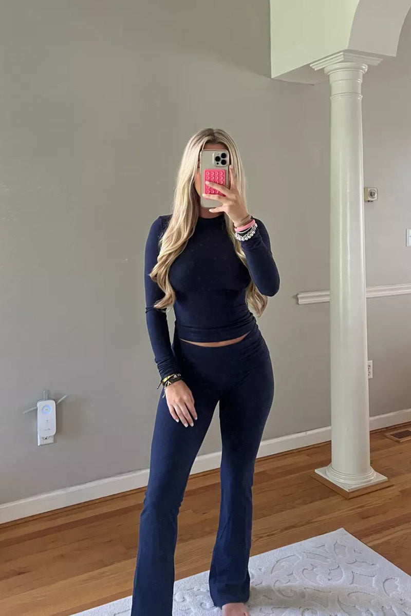 Women crew-neck flare set, back view