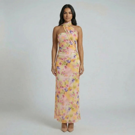 Cream scarf maxi dress with halter neckline — front view showcasing ruched waistline.