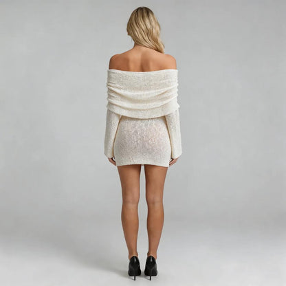 Women white textured off-shoulder long sleeve mini dress worn by a model standing facing backward.
