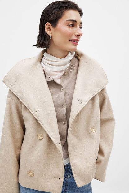 Women beige shawl button jacket, side view