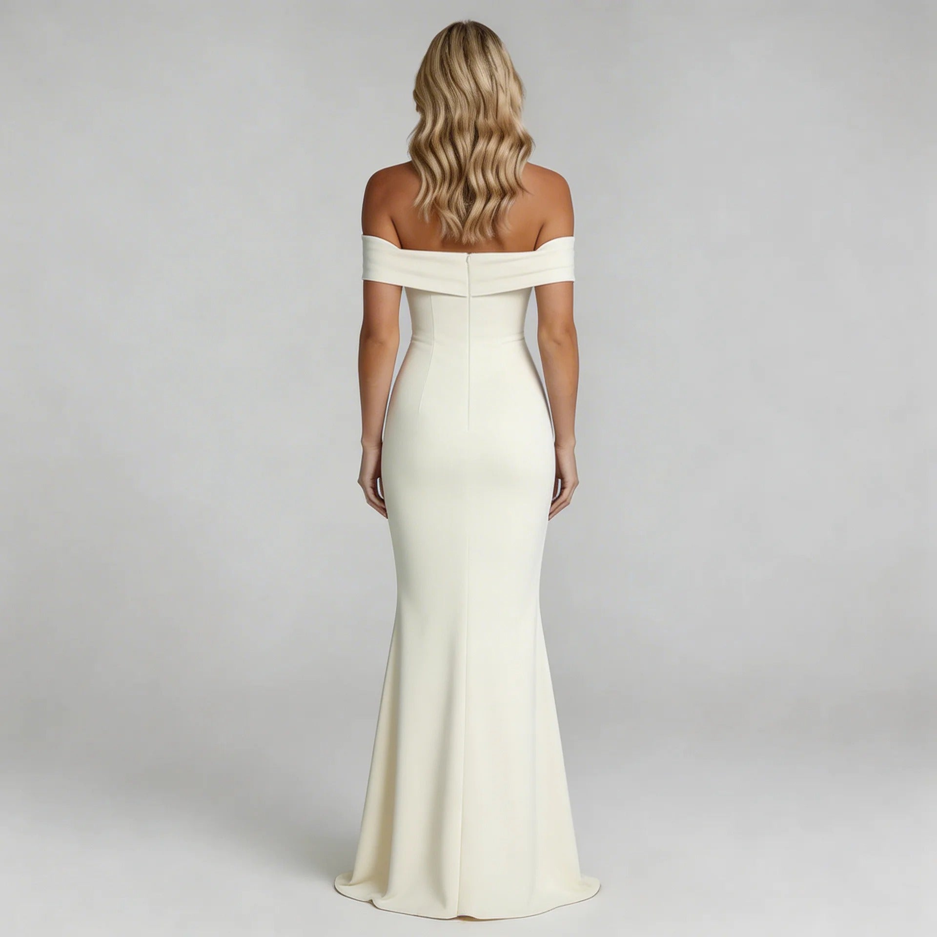 White Bardot maxi dress with zip-back detail showing elegant floor-length design — back view