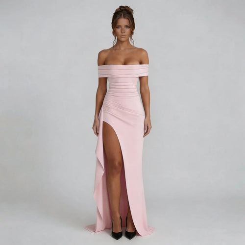 Blush pink Bardot maxi dress with high slit and pleated neckline — front view