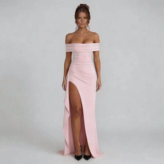 Blush pink Bardot maxi dress with high slit and pleated neckline — front view