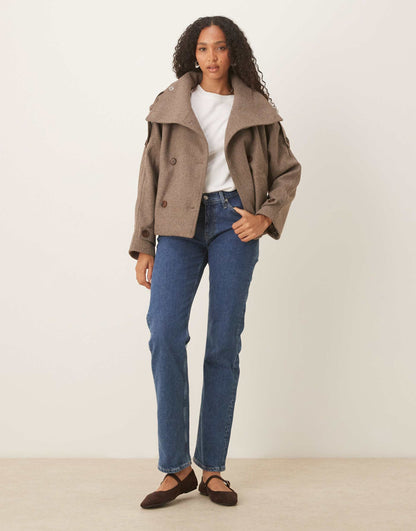 Women light brown stand collar button jacket, back view