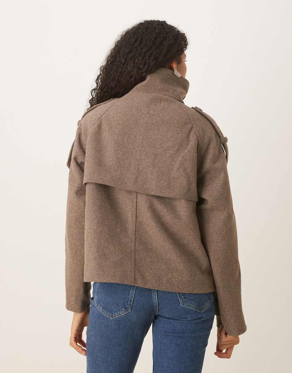 Women black stand collar button jacket, side view