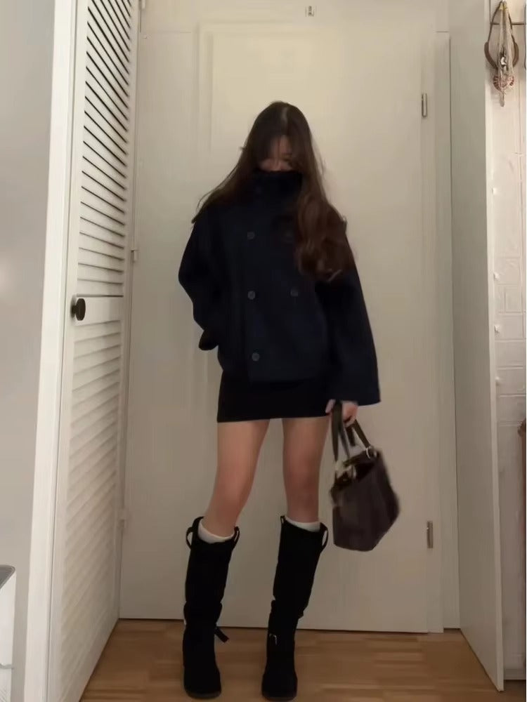 Women black stand collar button jacket, front view