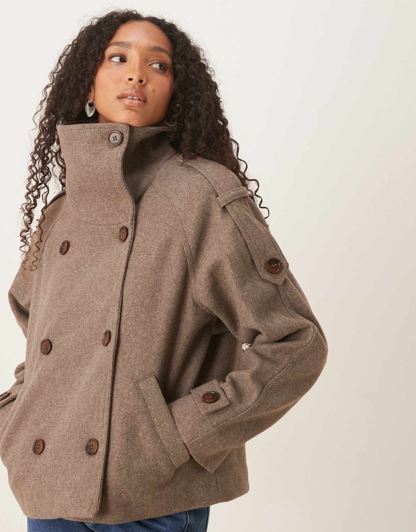 Women light brown stand collar button jacket, detail