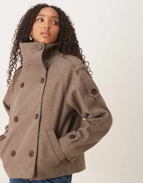 Women light brown stand collar button jacket, detail