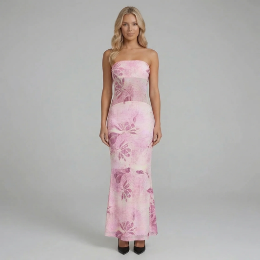 Pink floral strapless maxi dress with sculpted fit — front view.