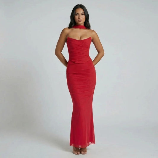 Red ruched maxi dress with sweetheart neckline and choker scarf — front view showcasing silhouette.