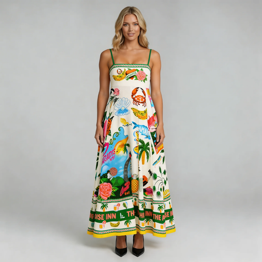 Cream tropical print maxi dress with square neckline and spaghetti straps — front view.