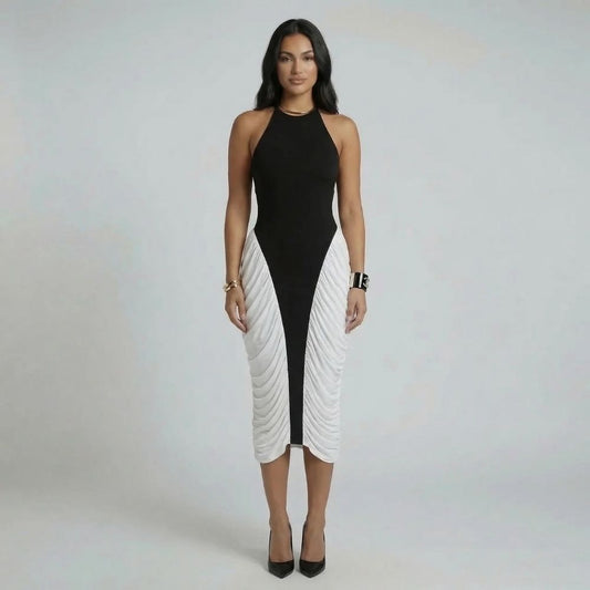 Black halter midi dress with ruched white panels — front view showing sculpted silhouette.