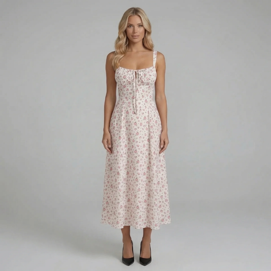 Ivory floral midi dress with sweetheart neckline — front view showing A-line silhouette and drawstring detail.