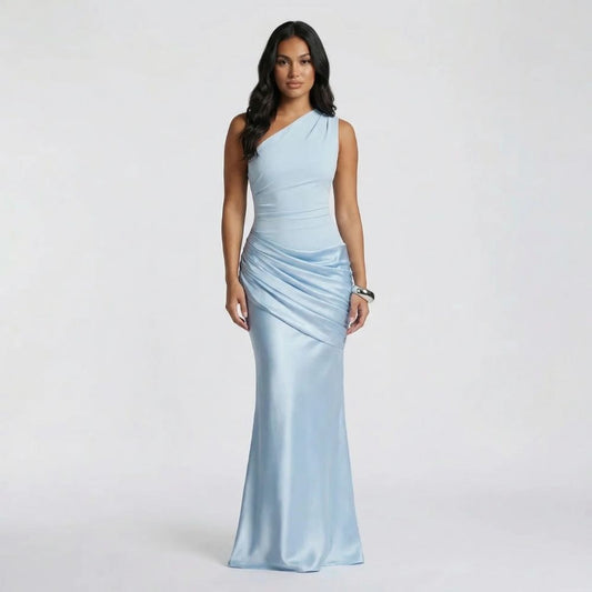 Light blue draped maxi dress with one-shoulder neckline — front view showcasing ruching and floor-length silhouette.