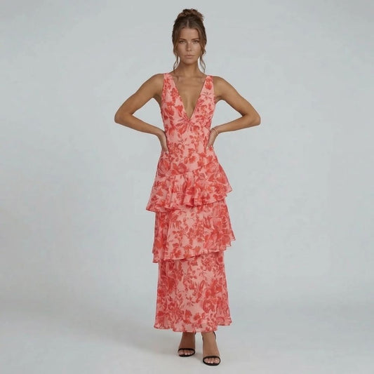 Red floral tiered maxi dress with V-neckline and ruffle detailing — front view.