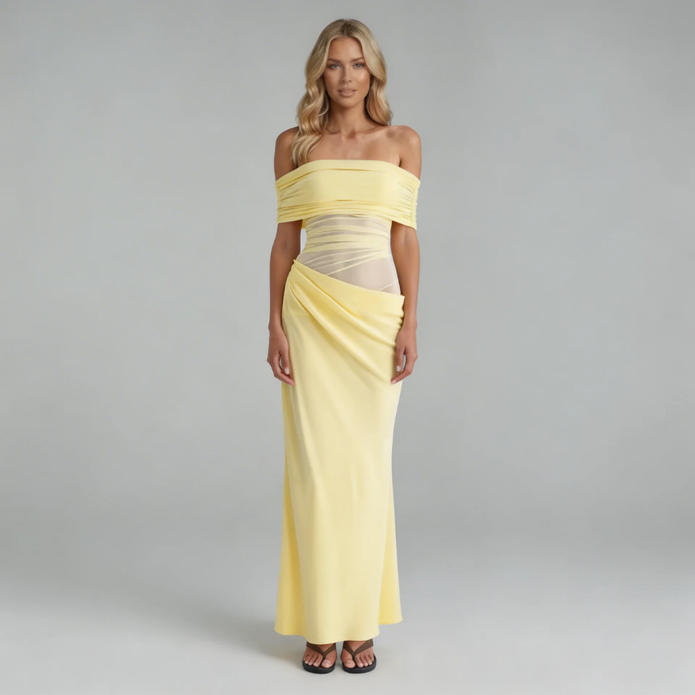 Yellow off-shoulder mesh maxi dress with draped skirt detail — front view highlighting elegant silhouette.
