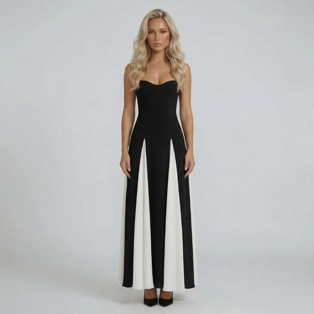 Black and ivory colorblock sweetheart neck maxi dress — front view showing pleated contrast panels.
