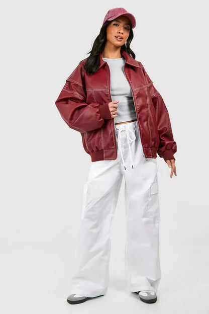 Women red lapel notched solid jacket, side view