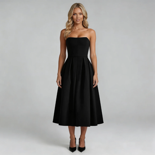 Black strapless pleated midi dress — front view showing full skirt and structured bodice