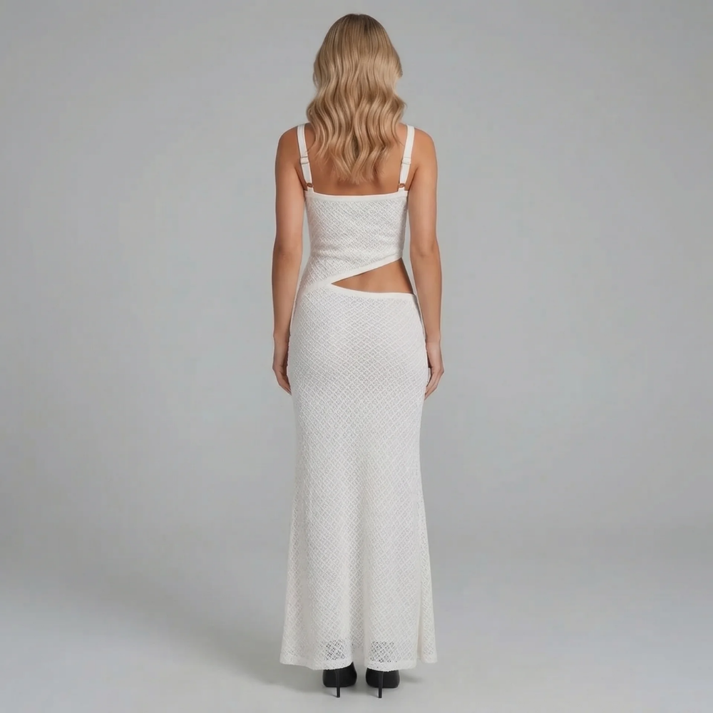 White crochet mesh maxi dress with cutout waist — back view showing adjustable straps.