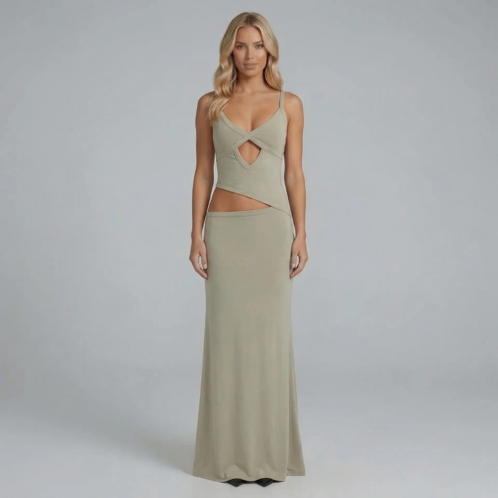 Sage cutout maxi dress with sculpted fit — front angled view on model.