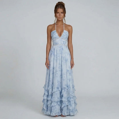 Light blue ruffle maxi dress with pearl halter neckline, front view.