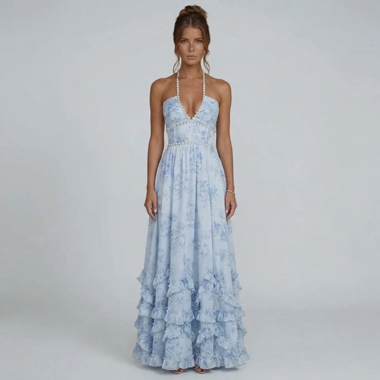 Light blue ruffle maxi dress with pearl halter neckline, front view.
