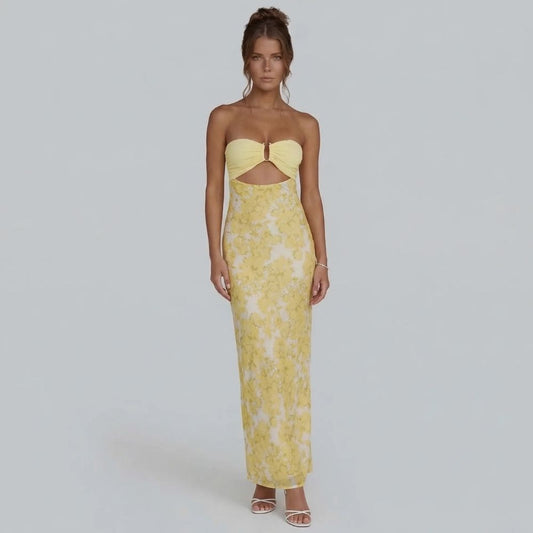 Yellow strapless cutout maxi dress with floral print — front view full-length